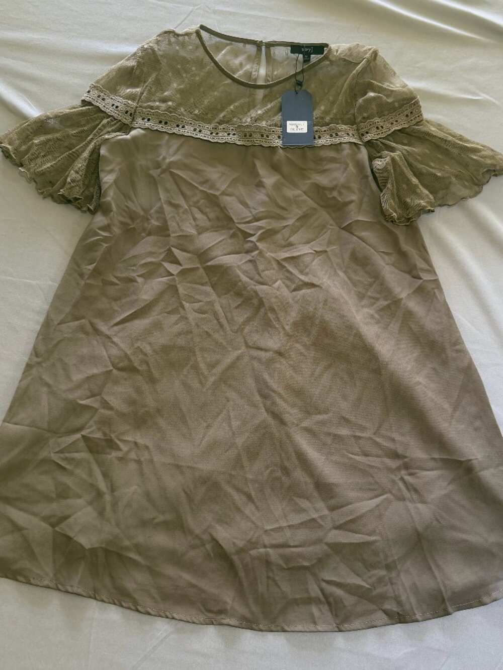 Very J Women's Lace Detailed Mini Dress Olive Green Size Medium New W/Tags